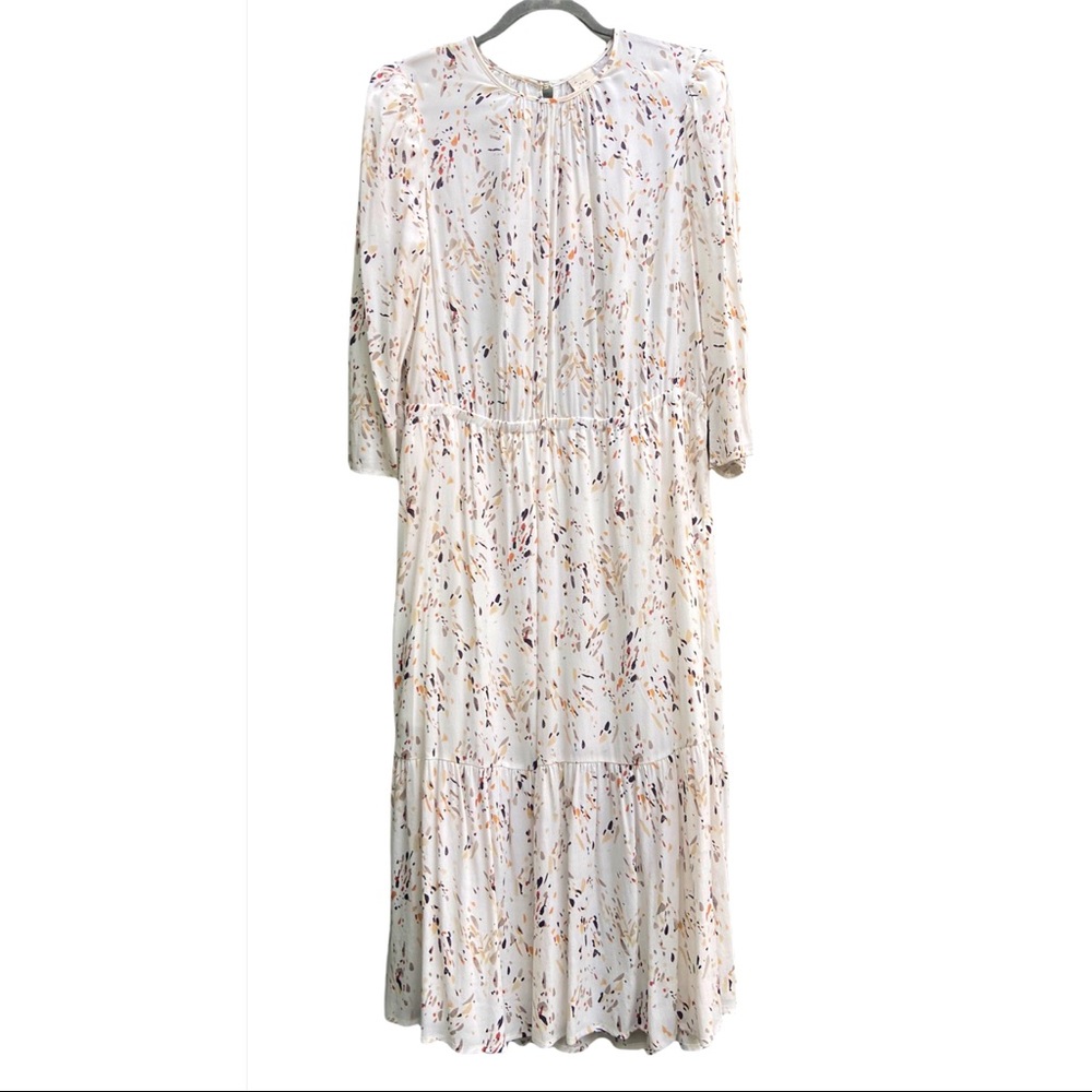 🕊A New Day Elegant White Abstract Print Puff-Sleeve Tiered Midi-Dress NWT🕊